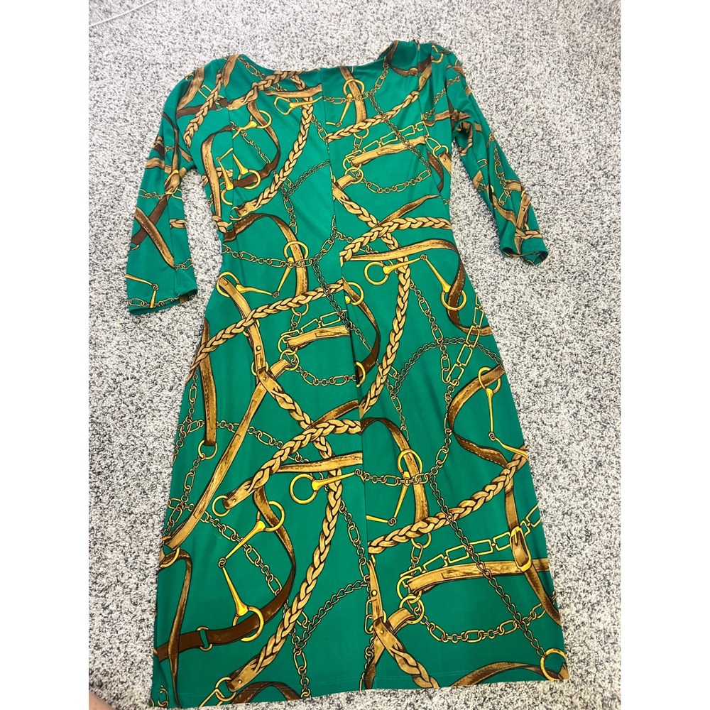Lauren Ralph Lauren Green Equestrian Chain Print Sheath Dress Size 10 3/4 Sleeve - Picture 4 of 10